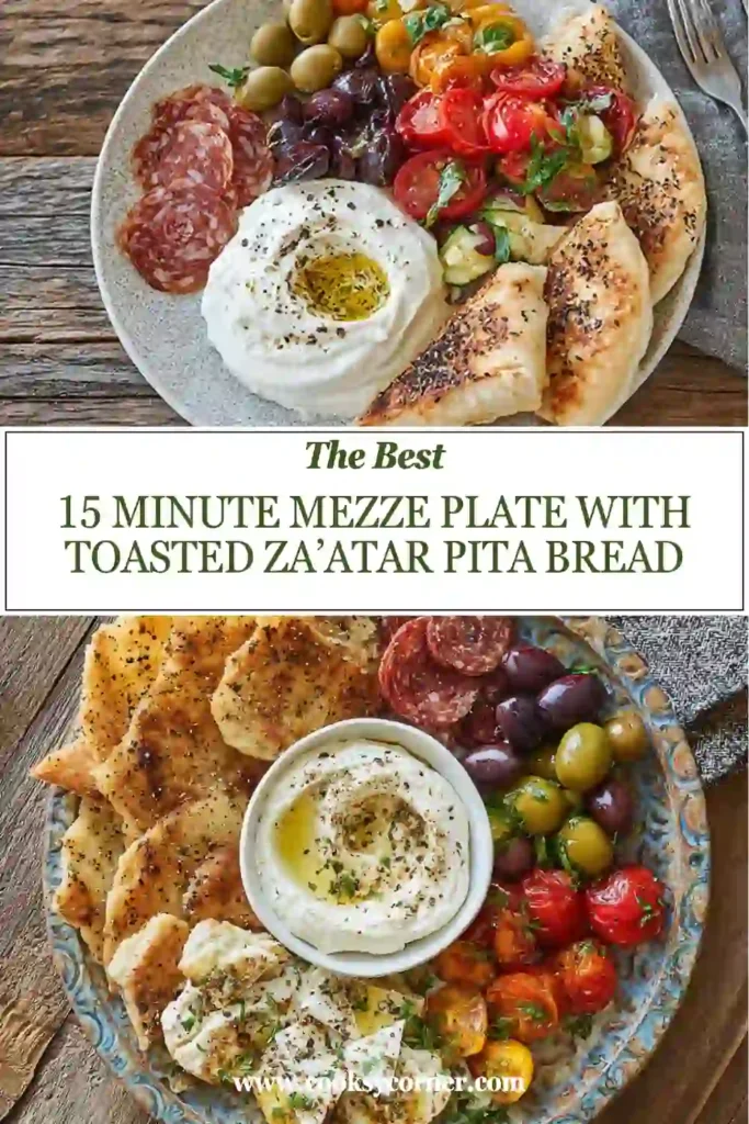 Golden toasted za’atar pita wedges arranged on a Mediterranean mezze board with creamy hummus, marinated artichokes, roasted peppers, and olives. A quick and easy appetizer for gatherings.