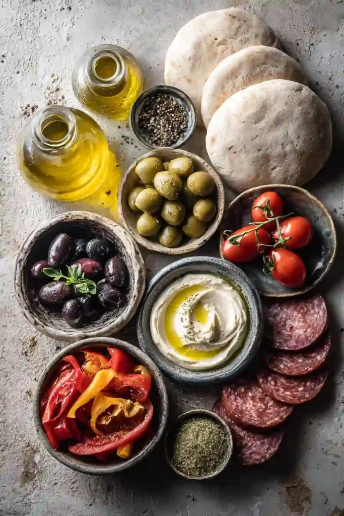 Beautifully arranged 15-Minute Mezze Plate with crispy za’atar pita, colorful vegetables, and creamy dips. Perfect for Mediterranean-inspired lunches and entertaining.