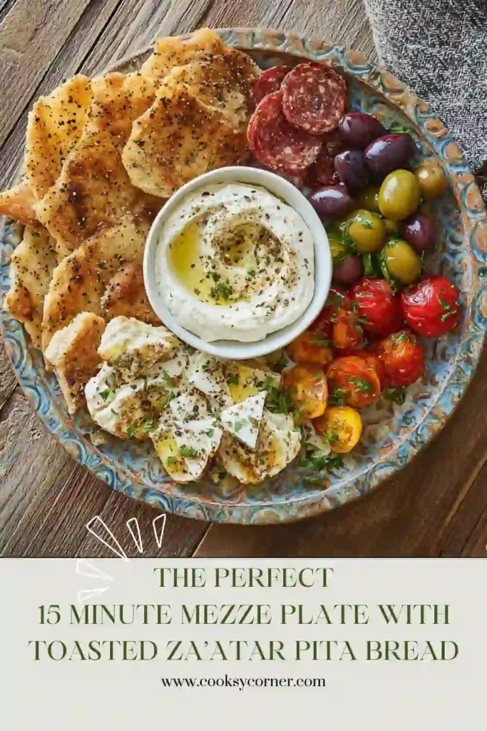 A colorful 15-Minute Mezze Plate with Toasted Za’atar Pita Bread served with hummus, Greek yogurt, olives, tomatoes, and roasted vegetables. This Mediterranean mezze platter looks fresh and inviting.