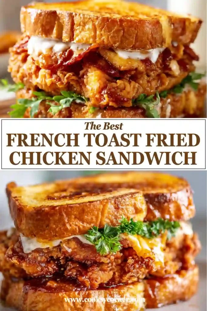 Homemade French Toast Fried Chicken Sandwich drizzled with maple syrup and topped with powdered sugar. A delicious sweet and savory comfort food recipe.