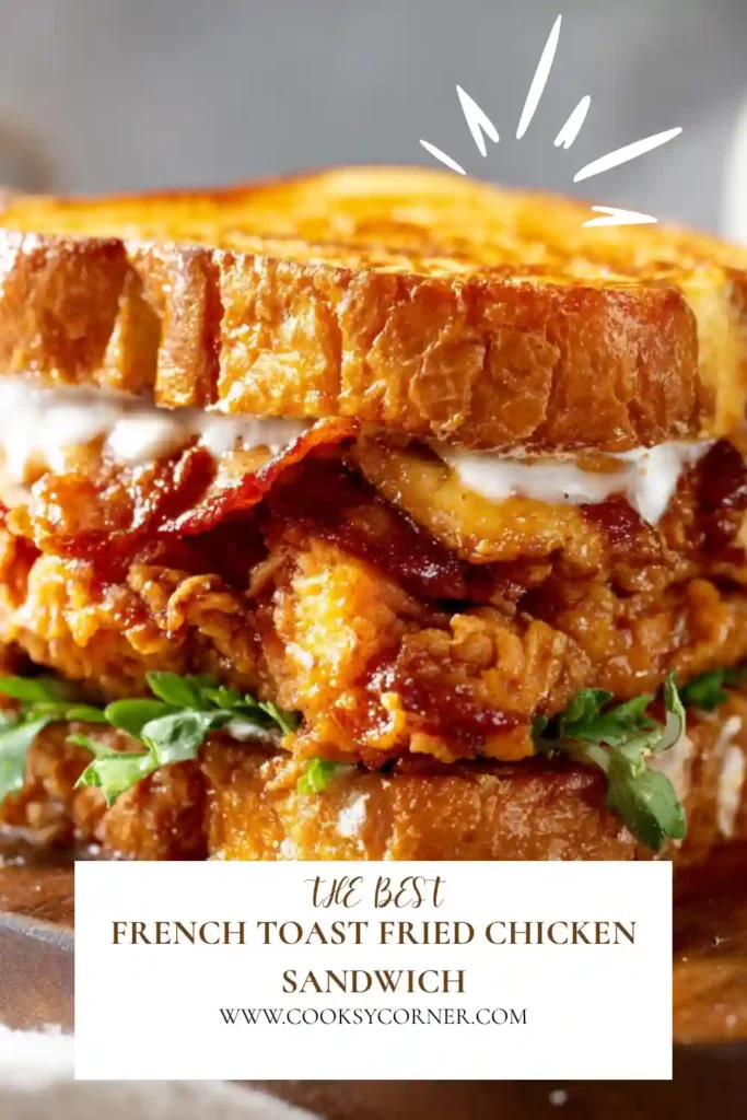 A crispy French Toast Fried Chicken Sandwich made with golden brioche French toast and juicy fried chicken. Served with maple syrup for a sweet and savory brunch meal.