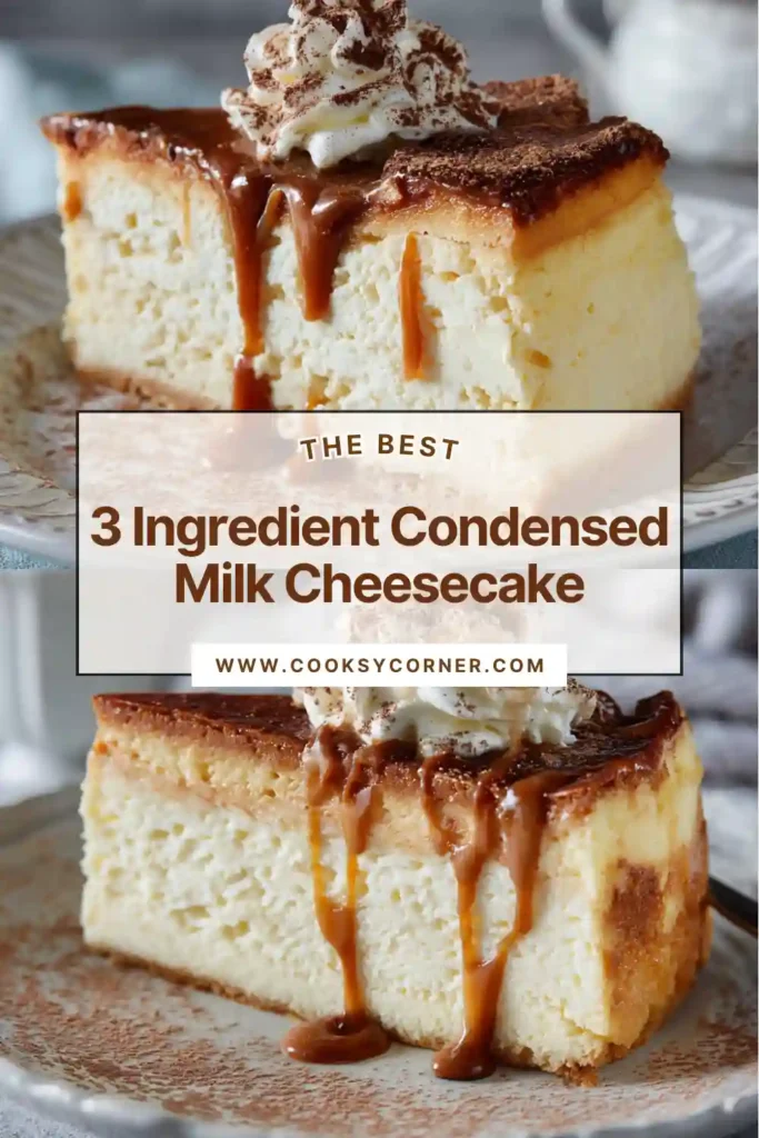 A slice of 3 Ingredient Condensed Milk Cheesecake served on a white plate. The creamy baked cheesecake features a golden biscuit crust and smooth texture.