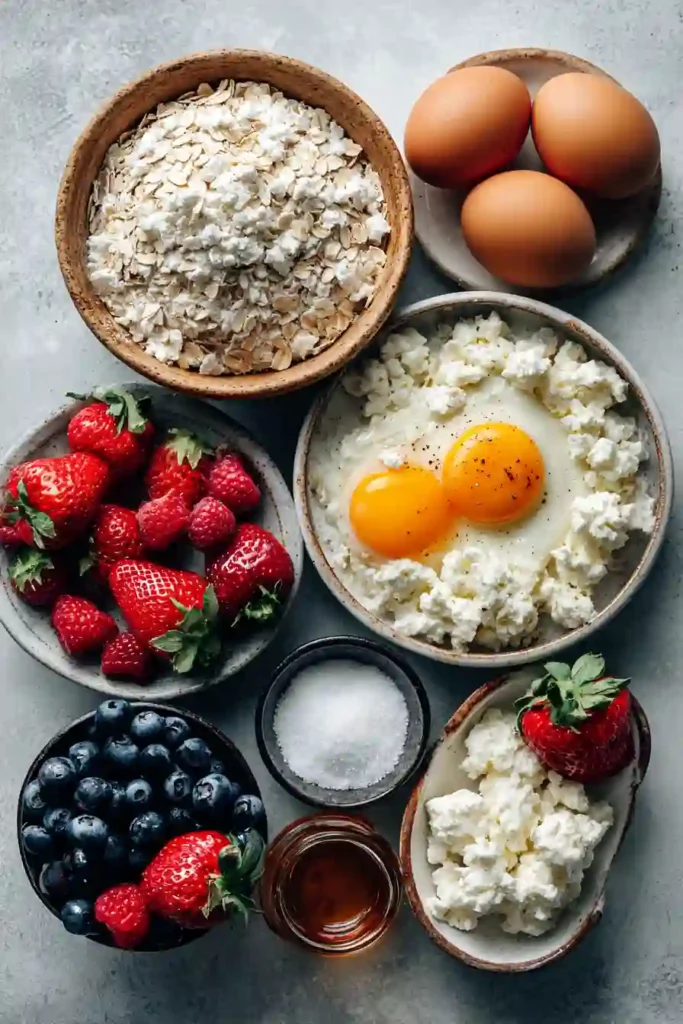 Protein-rich cottage cheese pancakes served with berries and honey.