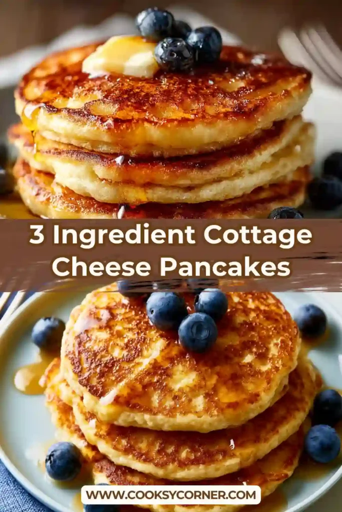 Stack of 3-Ingredient Cottage Cheese Pancakes topped with fresh berries and maple syrup.