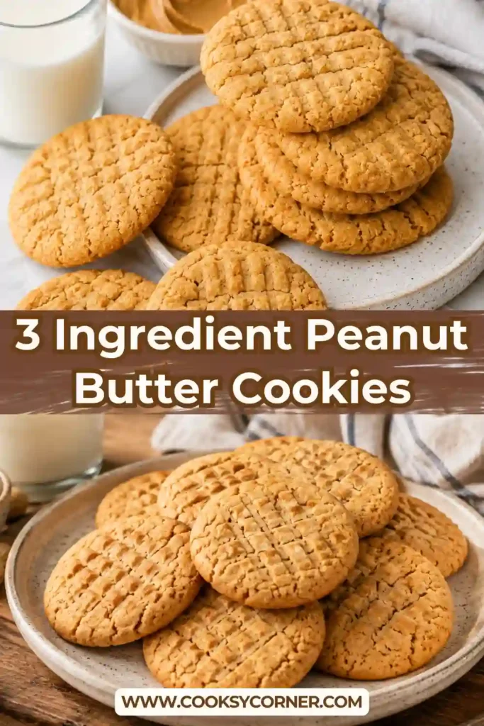 A plate of chewy 3 Ingredient Peanut Butter Cookies made with sugar, peanut butter, and egg. The cookies are golden brown and ready to serve.