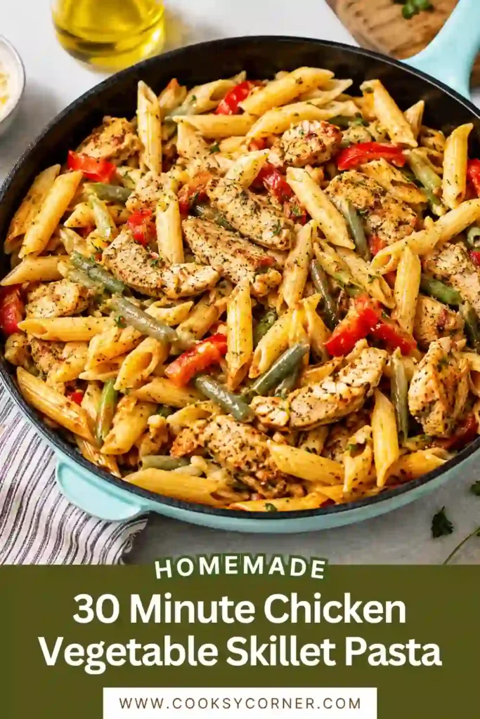 Freshly prepared chicken vegetable pasta featuring red, yellow, and orange bell peppers mixed with penne and juicy chicken. A healthy and flavorful skillet pasta recipe.