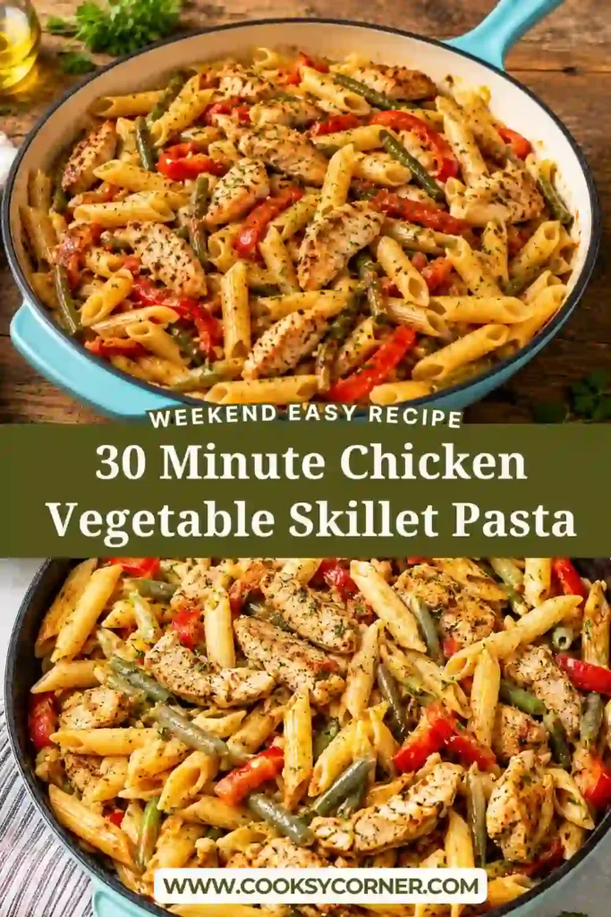 Homemade 30 Minute Chicken Vegetable Skillet Pasta garnished with parsley and served warm. A simple weeknight chicken dinner made with wholesome ingredients.