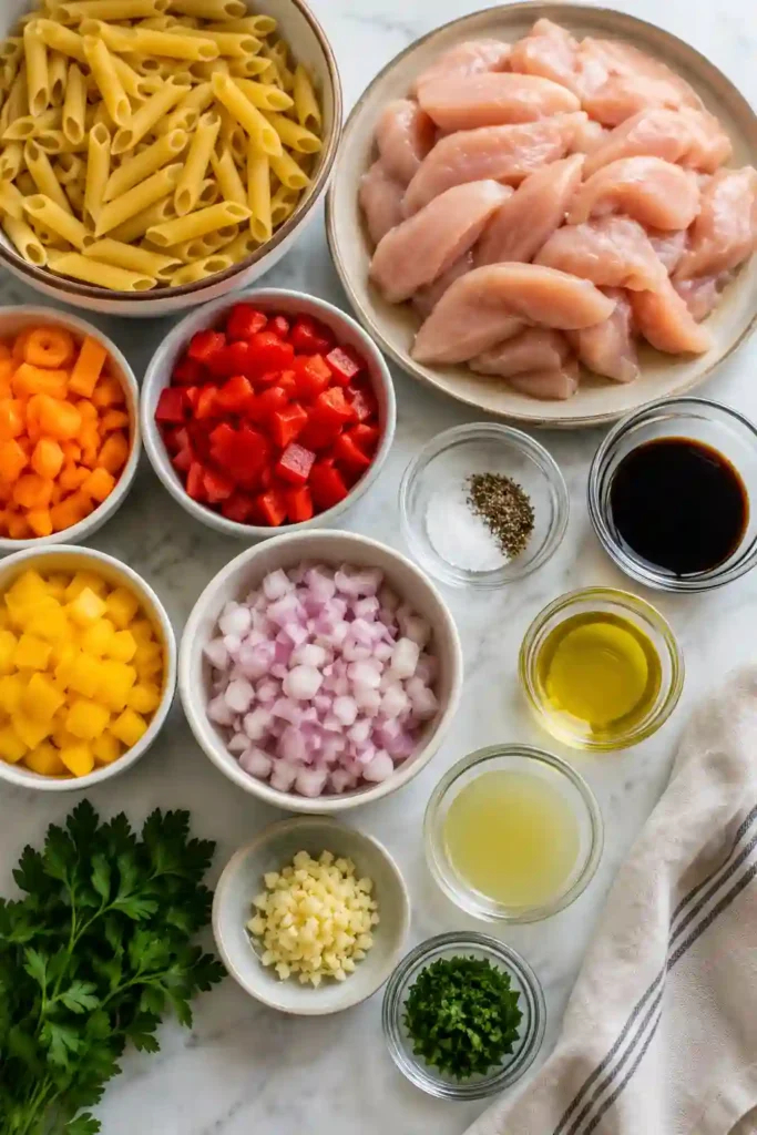 Chicken and vegetable skillet pasta served in a large bowl with colorful peppers and fresh parsley. A quick and healthy pasta recipe ready in just 30 minutes.