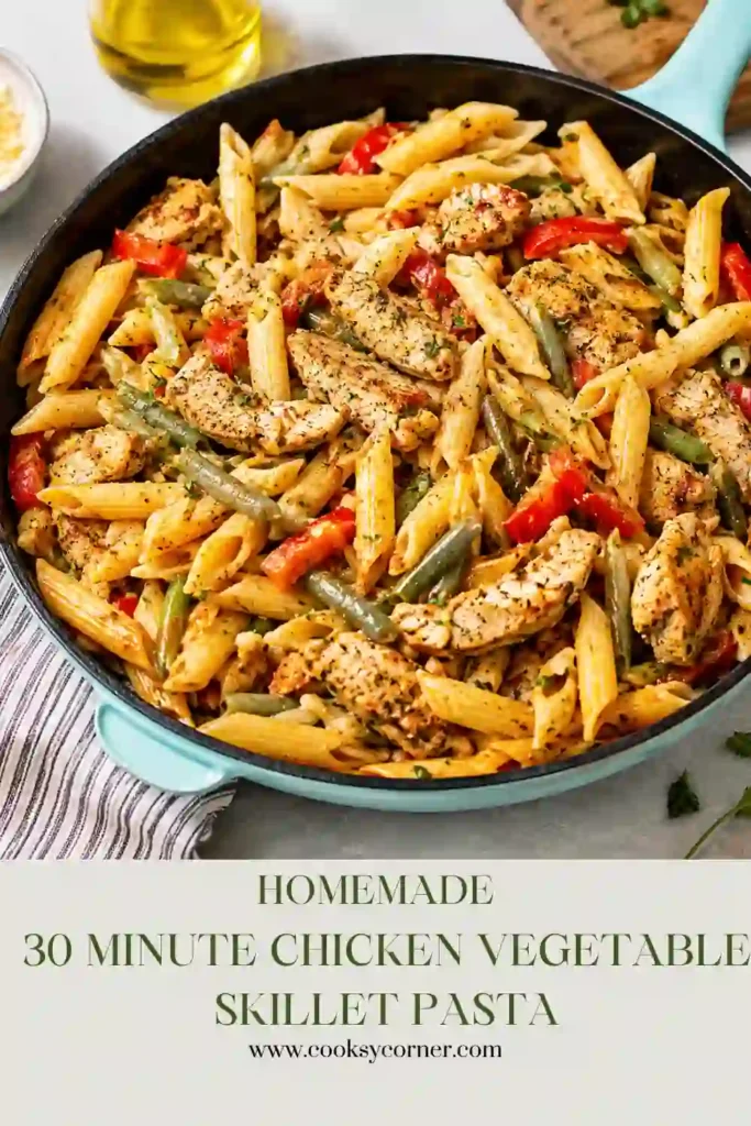 A bowl of 30 Minute Chicken Vegetable Skillet Pasta filled with tender chicken strips, colorful bell peppers, and penne pasta. This easy chicken pasta recipe is perfect for a quick family dinner.