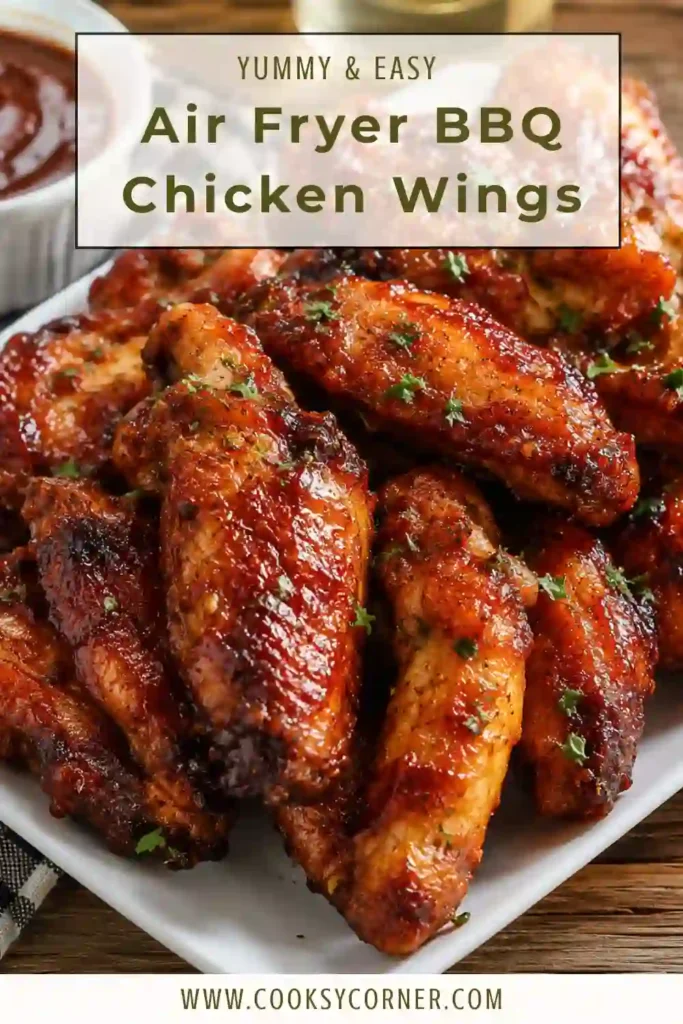 Freshly cooked Air Fryer BBQ Chicken Wings with smoky barbecue sauce on a serving platter. A simple and flavorful appetizer ready in just 30 minutes.