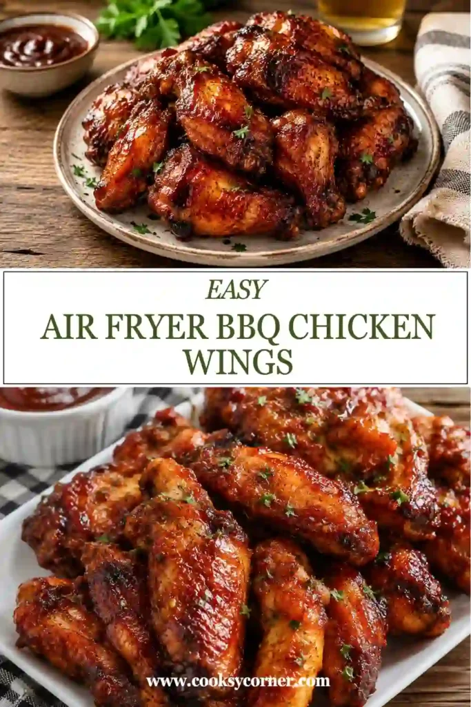 A plate of crispy Air Fryer BBQ Chicken Wings coated in rich barbecue sauce and garnished with fresh parsley. These wings are golden, juicy, and perfect for parties or family dinners.