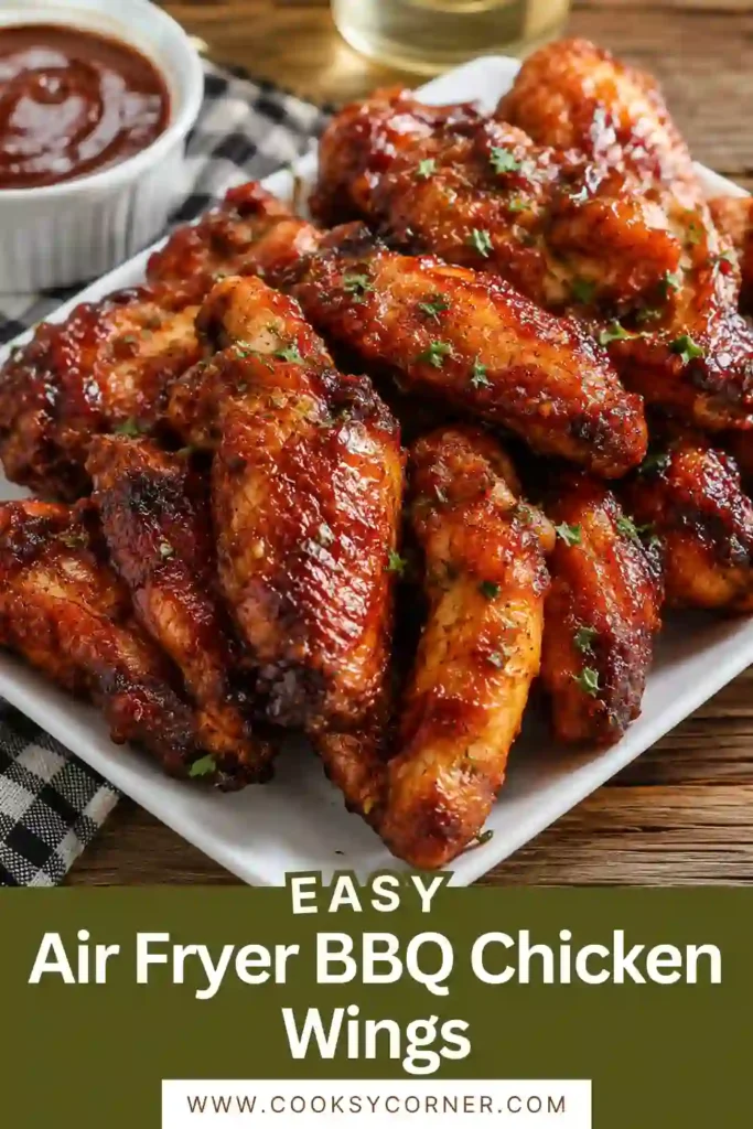 Homemade Air Fryer BBQ Chicken Wings served with barbecue dipping sauce. The wings have crispy skin and a sticky, caramelized BBQ glaze.