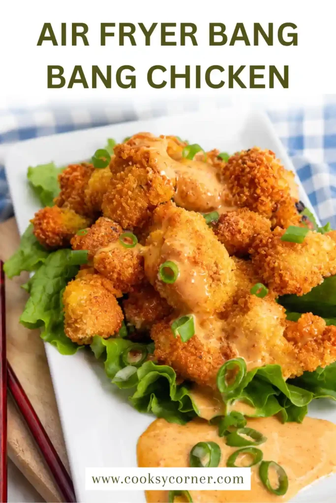 Golden brown Air Fryer Bang Bang Chicken with crunchy coating and spicy creamy sauce.