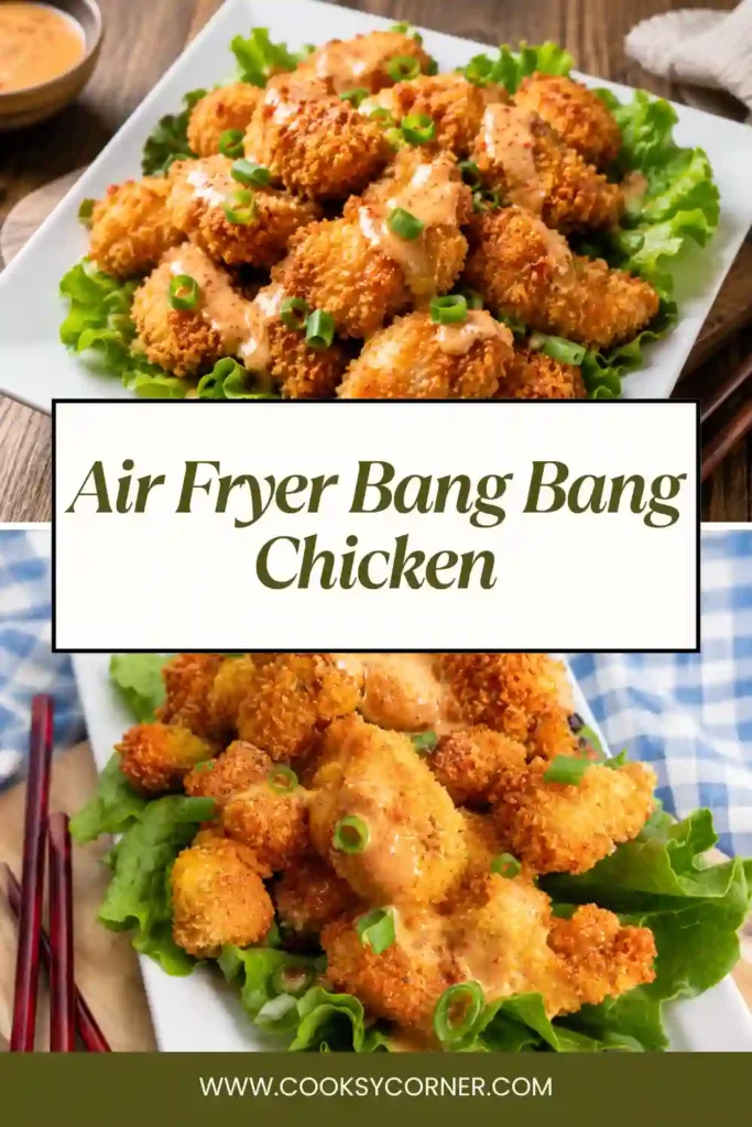 Crispy air fried chicken bites coated in Bang Bang sauce and garnished with fresh green onions.