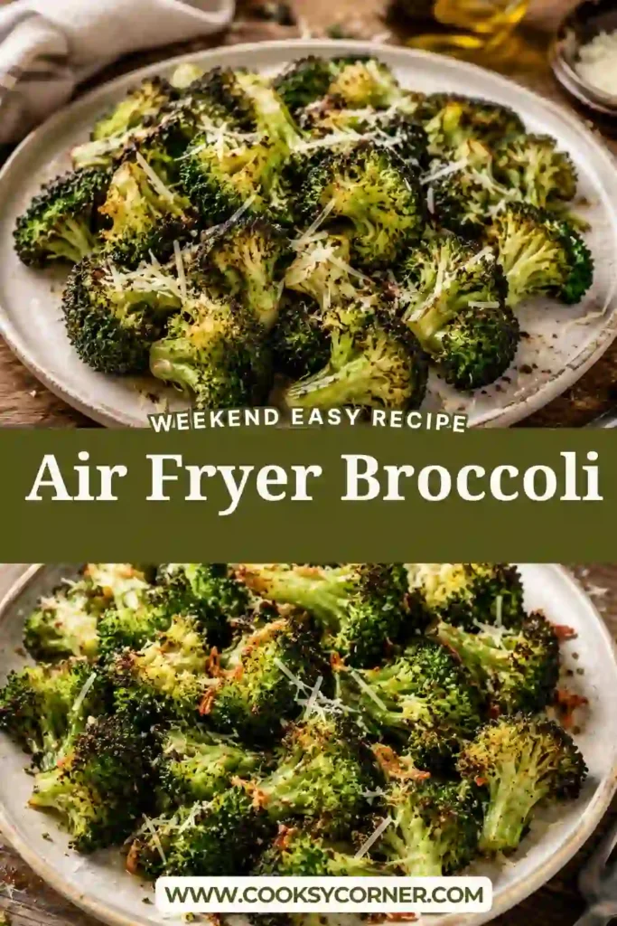 A bowl of crispy Air Fryer Broccoli coated with garlic butter and freshly grated Parmesan cheese. The broccoli has golden edges and a tender center, making it a delicious healthy side dish.