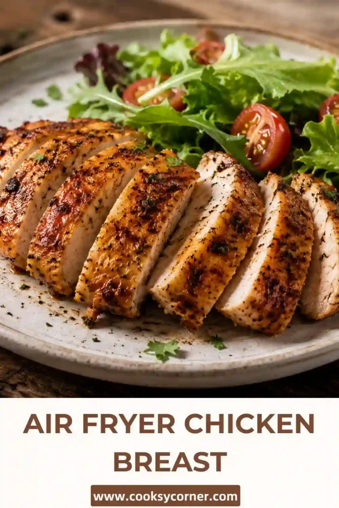 Close-up of juicy Air Fryer Chicken Breast with paprika seasoning. The chicken is tender, flavorful, and ideal for healthy family dinners.