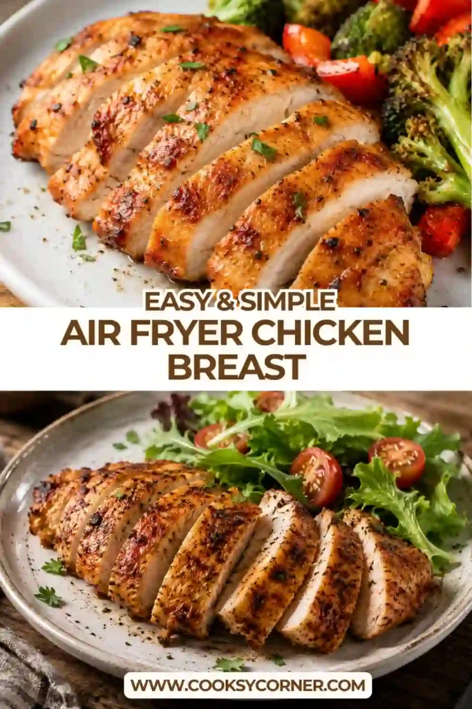 Perfectly cooked Air Fryer Chicken Breast served fresh from the air fryer. Thin chicken cutlets feature a flavorful spice crust and moist interior.