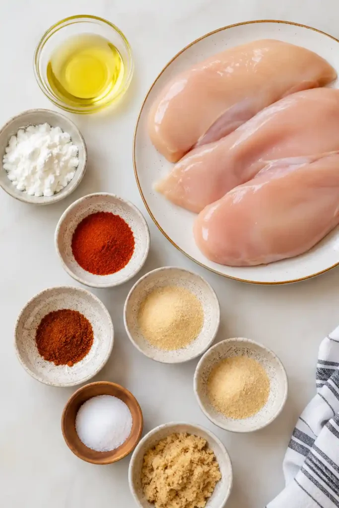 Easy Air Fryer Chicken Breast prepared with simple spices and avocado oil. Crispy on the outside and juicy on the inside for a quick meal.