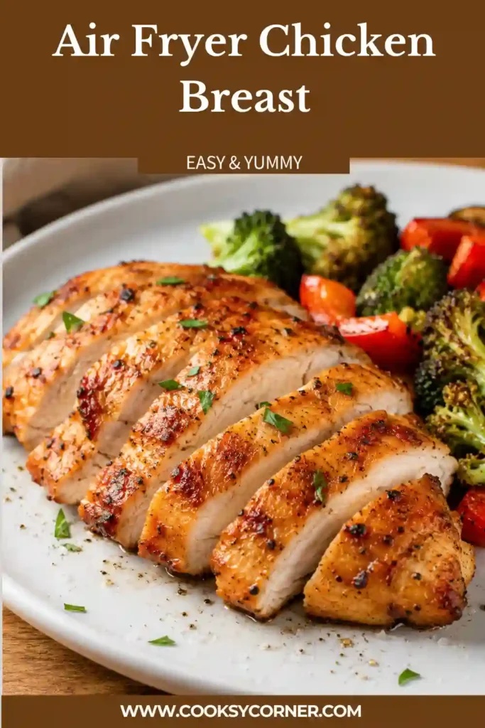Golden brown Air Fryer Chicken Breast sliced on a wooden cutting board. The chicken is juicy inside with crispy seasoned edges and a tender texture.