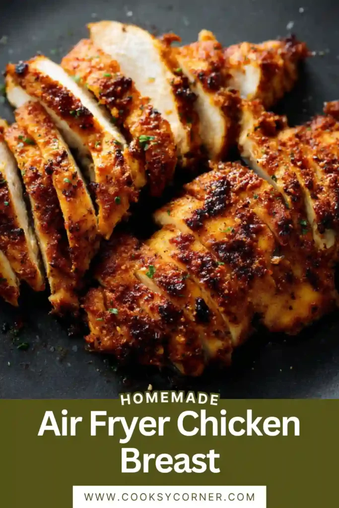 Juicy Air Fryer Chicken Breast sliced on a cutting board with crispy golden edges and flavorful seasoning. A healthy high-protein dinner made in under 25 minutes.