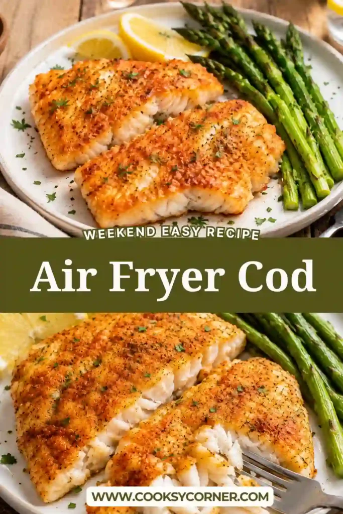 Golden Air Fryer Cod fillets seasoned with paprika and garlic, served with fresh lemon wedges. The fish is flaky, tender, and cooked to perfection.
