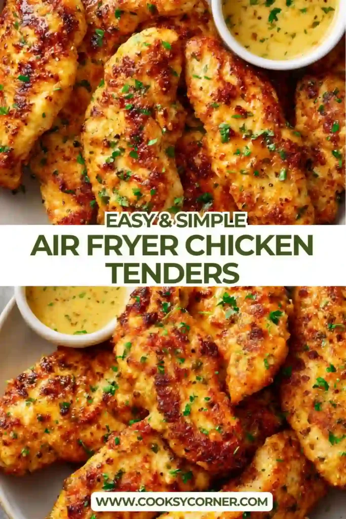 Homemade Air Fryer Chicken Tenders served warm with dipping sauce. The chicken is juicy, flavorful, and cooked until perfectly golden.
