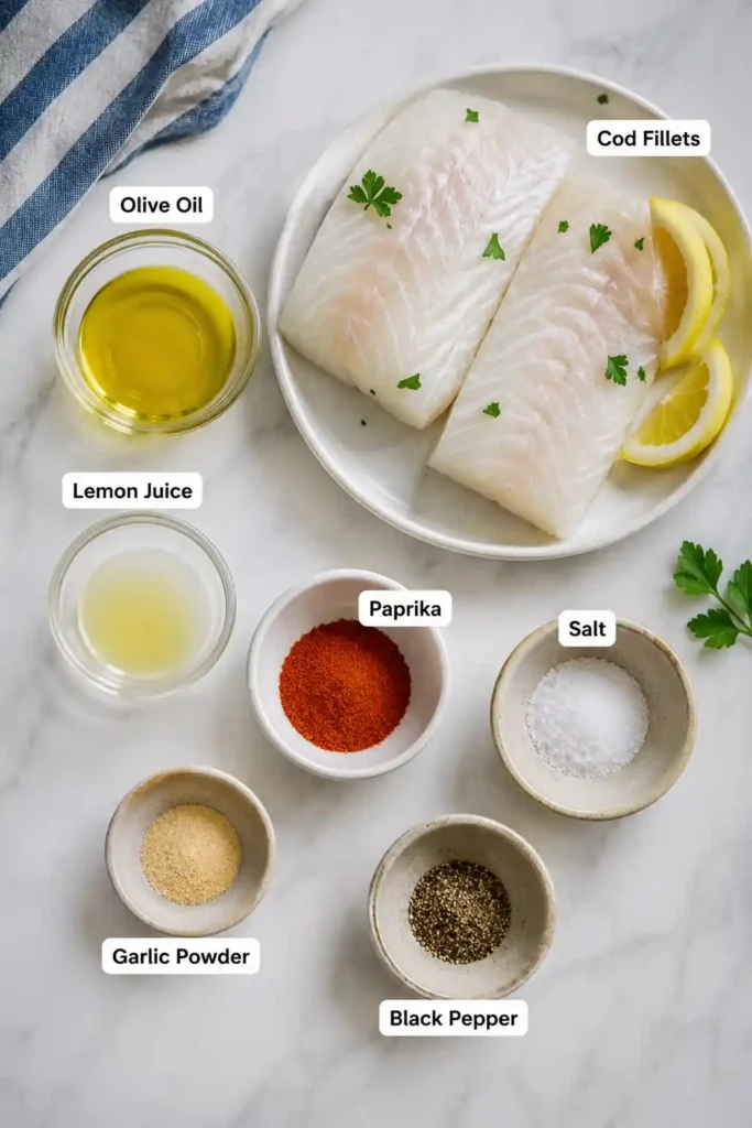 Close-up of flaky Air Fryer Cod garnished with parsley and fresh lemon. Lightly seasoned fish with a moist interior.