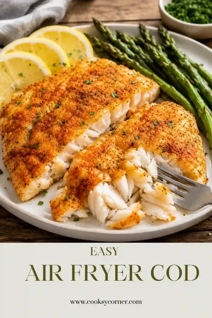 Freshly cooked cod fillets arranged on a serving plate with herbs and lemon slices. The fish has a light golden color and flaky texture.