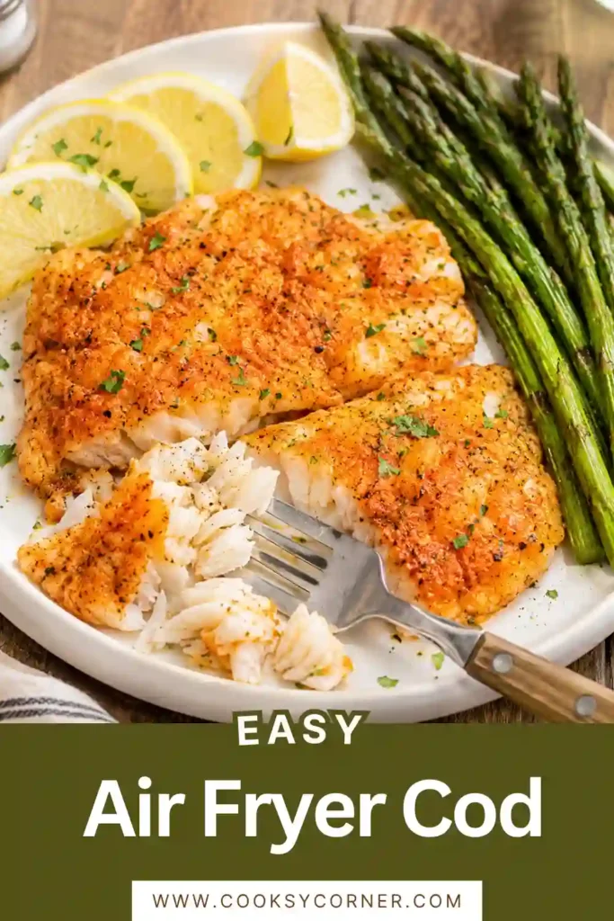 Air Fryer Cod served alongside roasted vegetables for a wholesome family dinner. Tender fish with a flavorful paprika seasoning.