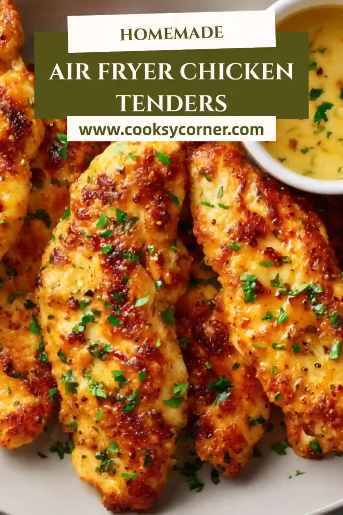 Golden Air Fryer Chicken Tenders arranged on a serving platter. The juicy chicken strips feature a lightly seasoned exterior and are cooked to perfection in the air fryer.
