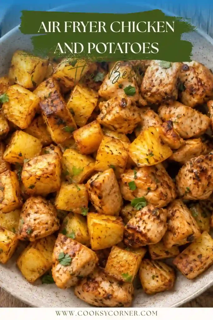 Homemade Air Fryer Chicken and Potatoes served fresh from the basket. Tender chicken and perfectly roasted potatoes create a quick family-friendly meal.