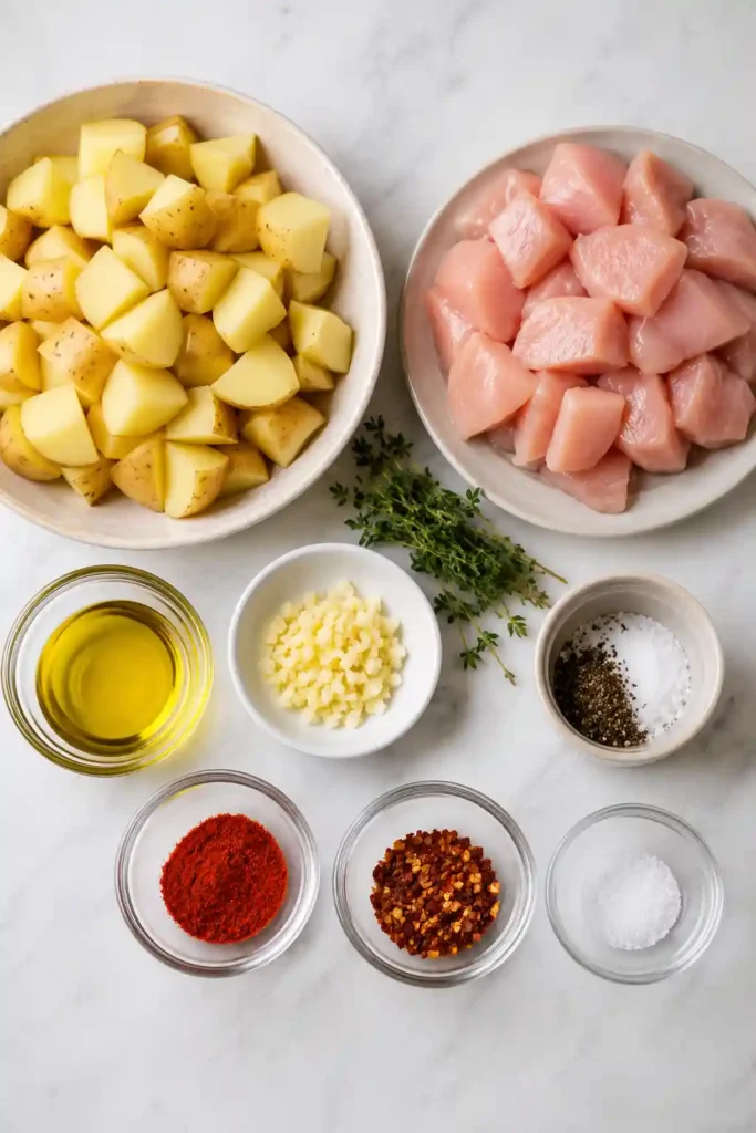 A serving of Air Fryer Chicken and Potatoes featuring juicy chicken breast pieces and crispy golden potatoes. The dish is seasoned with garlic, smoked paprika, and fresh herbs.