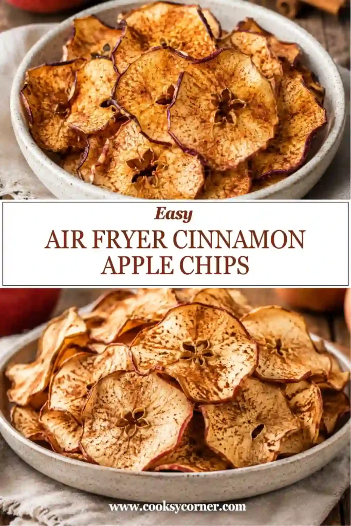 Homemade apple chips made in the air fryer and sprinkled with cinnamon sugar for a healthy snack.