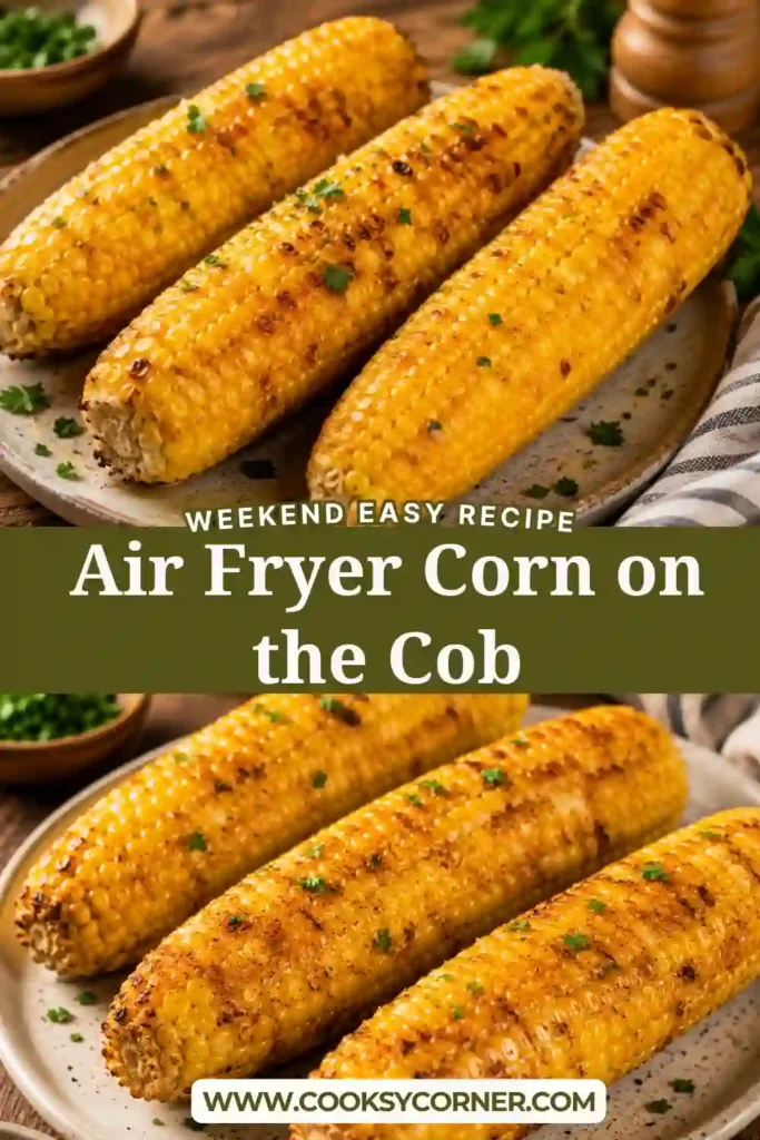 Golden Air Fryer Corn on the Cob brushed with buttery parsley seasoning and served warm. The sweet corn is juicy, flavorful, and cooked to perfection in the air fryer.