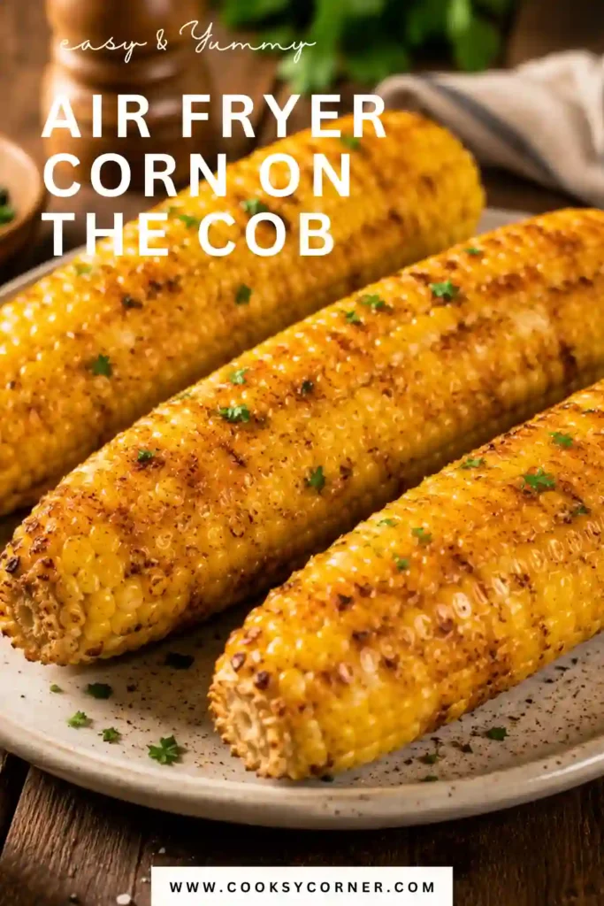 Buttery Air Fryer Corn on the Cob with lightly caramelized kernels arranged on a serving platter. This quick and easy air fryer recipe makes an ideal side dish for any meal.