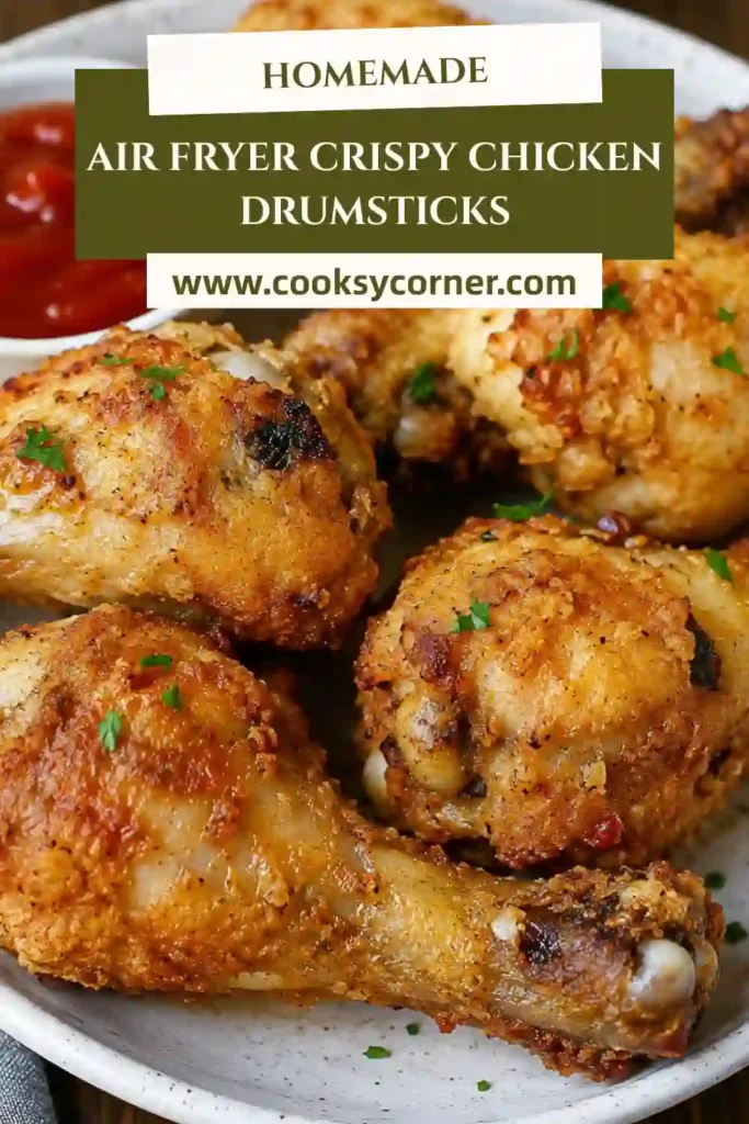 Freshly cooked Air Fryer Crispy Chicken Drumsticks served hot with herbs and dipping sauce. The chicken has a flavorful crispy coating and juicy interior.