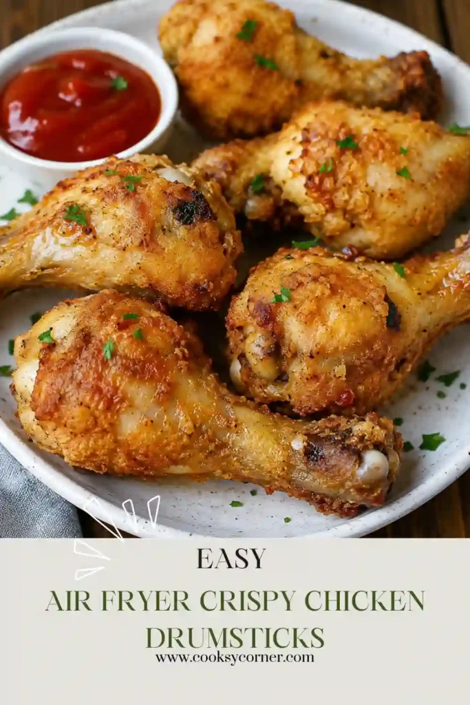 Close-up of crispy air fryer chicken drumsticks with paprika seasoning and crunchy skin. These homemade chicken legs are cooked to perfection in the air fryer.