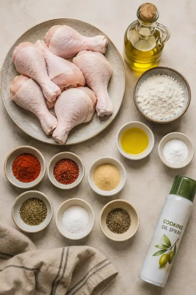 A plate of golden crispy chicken drumsticks cooked in an air fryer until perfectly crunchy. This easy chicken recipe makes a delicious weeknight meal.