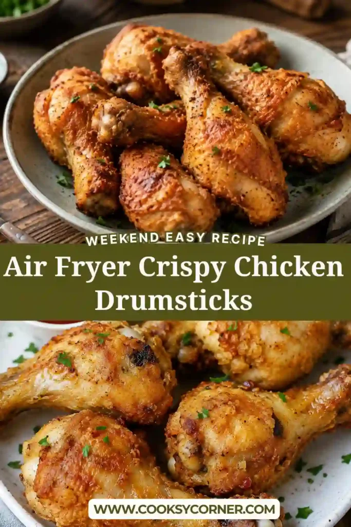 Golden brown Air Fryer Crispy Chicken Drumsticks arranged on a serving platter. The chicken features crispy seasoned skin and juicy, tender meat perfect for an easy family dinner.