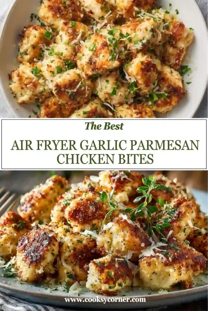 Close-up of crispy garlic parmesan chicken bites cooked in an air fryer and topped with fresh parsley. The bite-sized chicken pieces have a crunchy golden crust and tender, juicy interior.