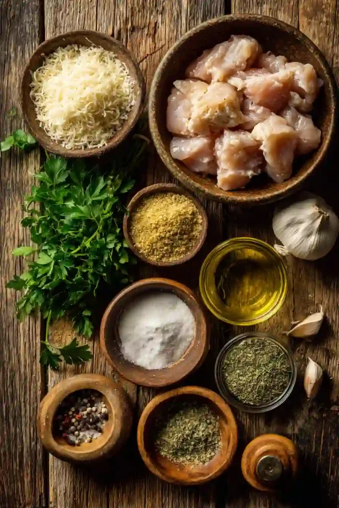 Freshly cooked Air Fryer Garlic Parmesan Chicken Bites arranged on a serving platter with fresh parsley and grated Parmesan. The crispy chicken pieces have a golden-brown finish and appetizing texture.