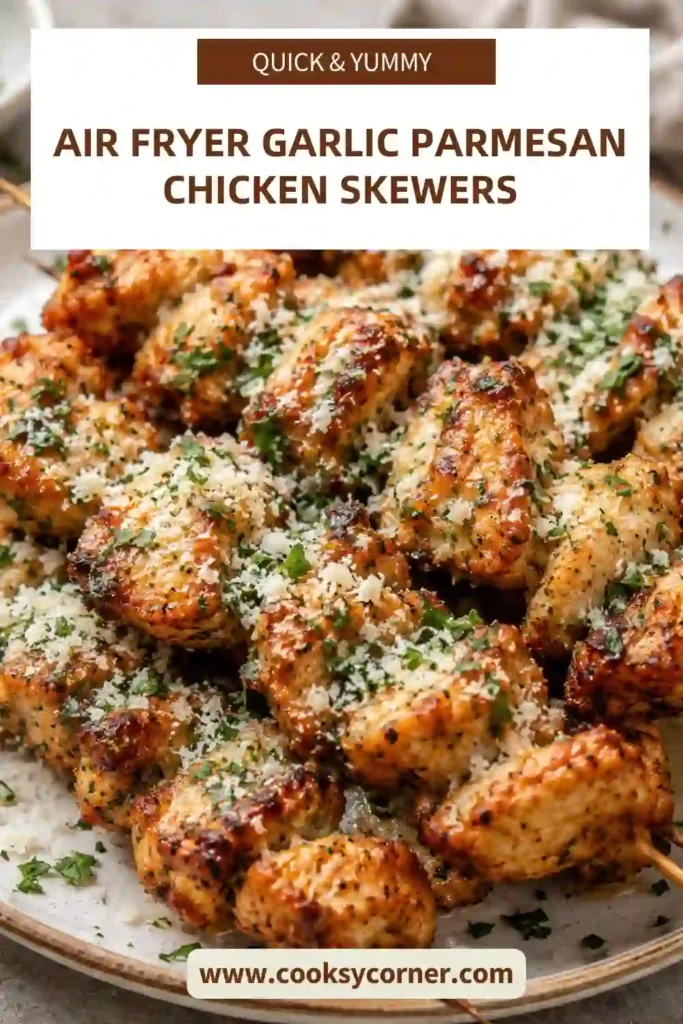 Freshly cooked air fryer chicken skewers topped with parmesan cheese and parsley. This easy dinner recipe features juicy chicken thighs and rich garlic flavor.