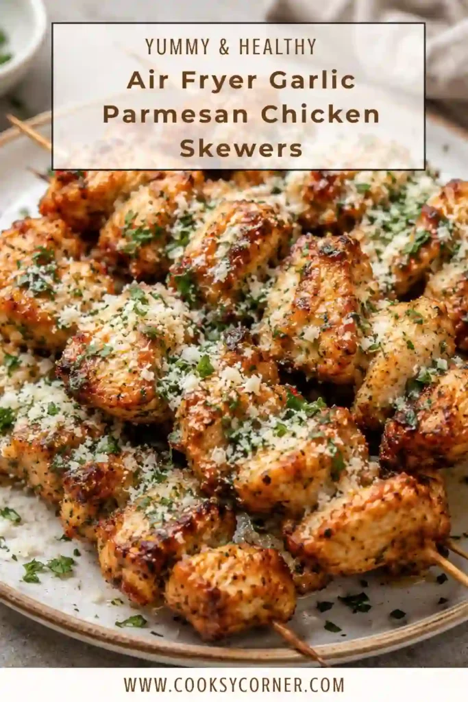 Close-up of garlic parmesan chicken skewers cooked in an air fryer and brushed with melted garlic butter. Tender chicken pieces are coated in savory parmesan seasoning.