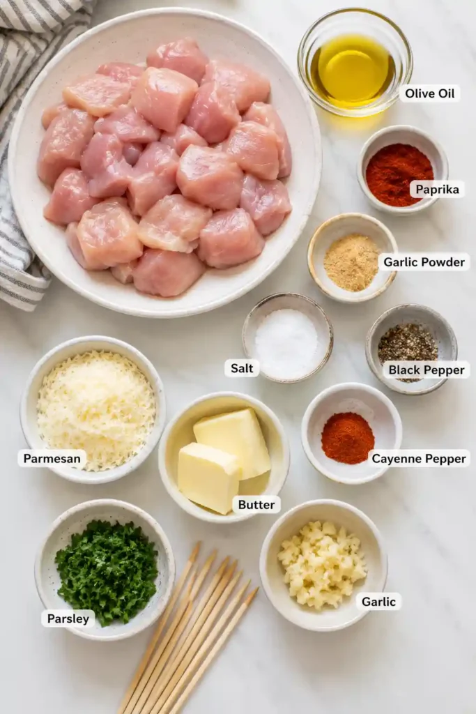 Air Fryer Garlic Parmesan Chicken Skewers arranged on a serving plate with extra parmesan and herbs. Crispy, golden chicken is coated in buttery garlic sauce.