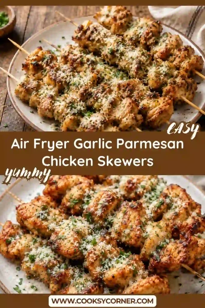 Golden Air Fryer Garlic Parmesan Chicken Skewers served on a platter with fresh parsley and grated parmesan. The chicken is juicy, flavorful, and perfectly cooked with crispy edges.