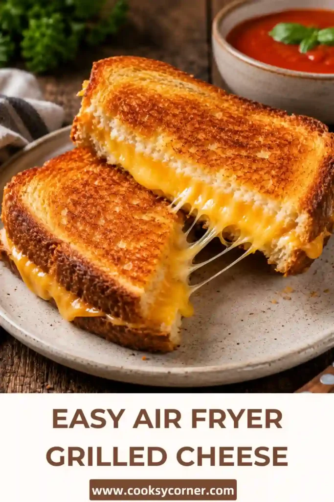 A golden brown Air Fryer Grilled Cheese sandwich sliced in half on a plate. Crispy buttered bread surrounds melted cheddar and Monterey Jack cheese.
