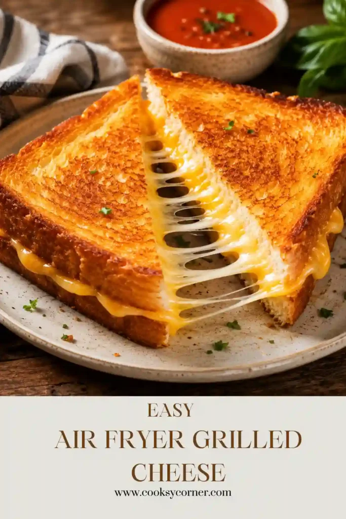 Close-up view of a crispy Air Fryer Grilled Cheese sandwich showing melted cheese stretching between toasted bread slices. A classic comfort food favorite.