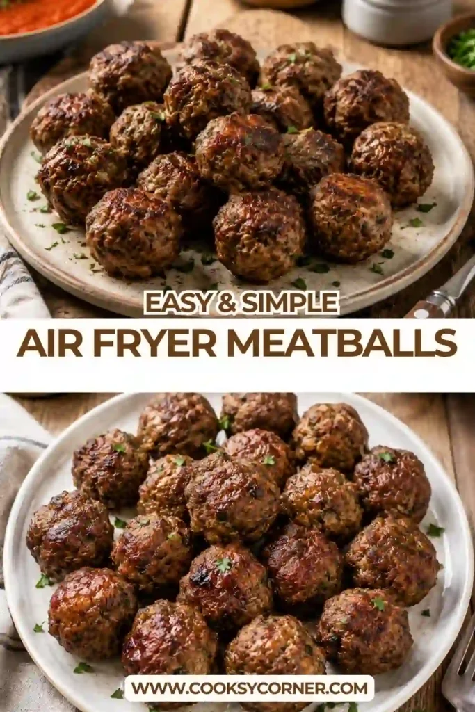 Freshly cooked beef meatballs served with marinara sauce and fresh herbs. Air Fryer Meatballs make a delicious high-protein dinner.