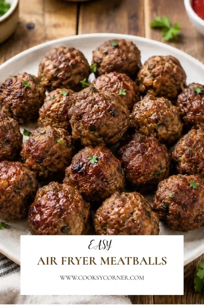 Italian-style Air Fryer Meatballs arranged on a serving platter with fresh parsley and Parmesan cheese. A simple homemade dinner recipe.
