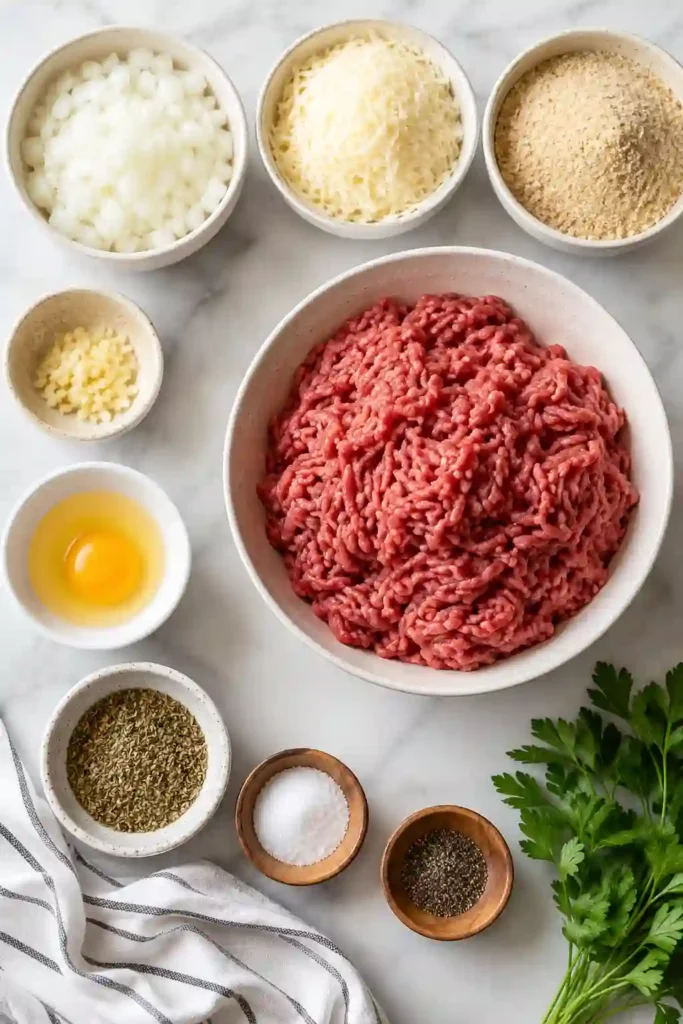 Close-up of juicy Air Fryer Meatballs with melted Parmesan and fresh parsley garnish. Homemade beef meatballs cooked to perfection.
